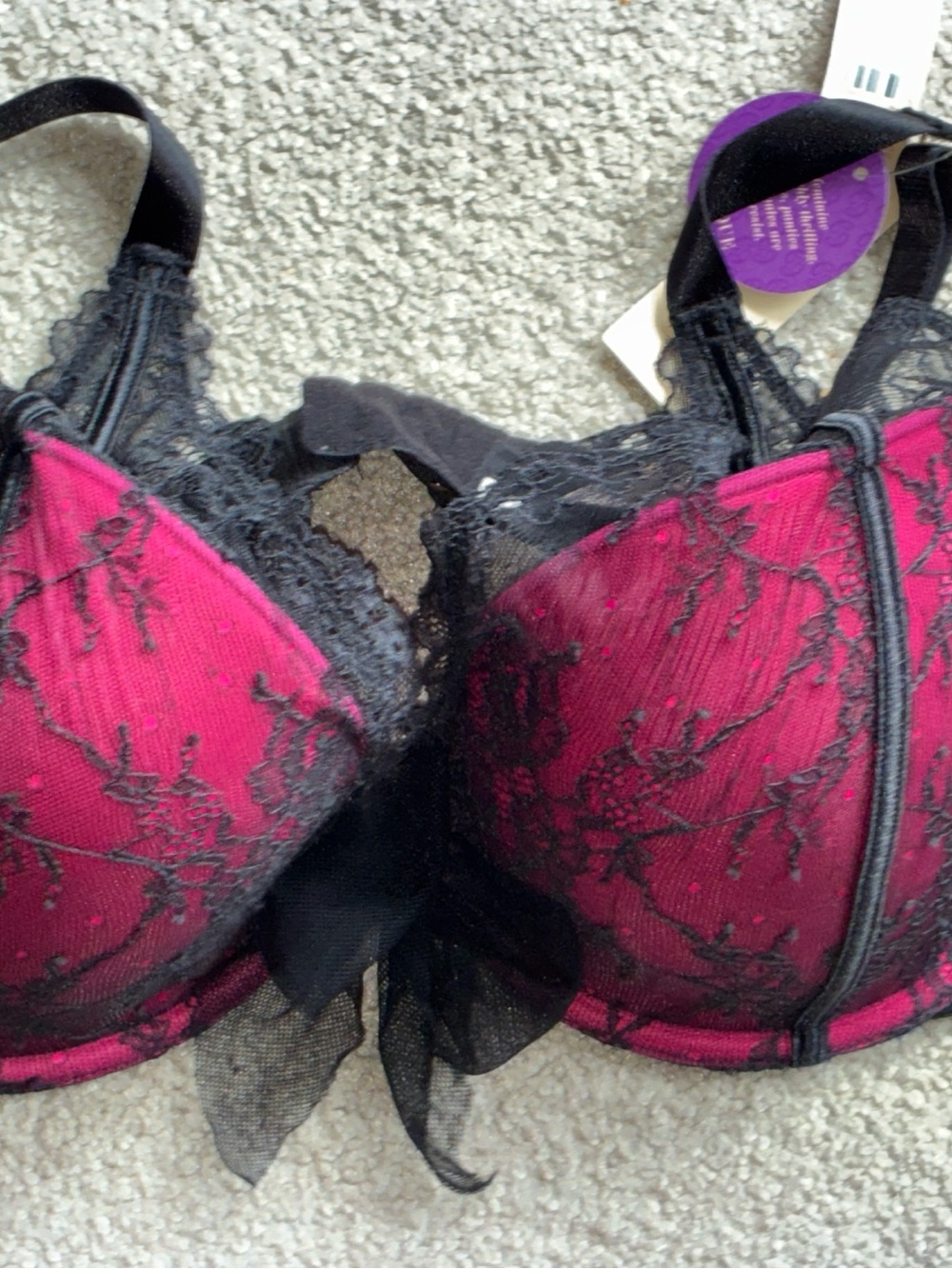 Cacique Black Lace Overlay Bra with Deep Fuchsia Cups 44D